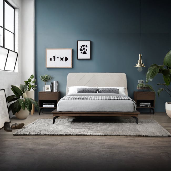 Addison Queen Platform Bed - Walnut, Beige - 4 - Modern bedroom with large window, teal wall, white brick wall, wooden bed