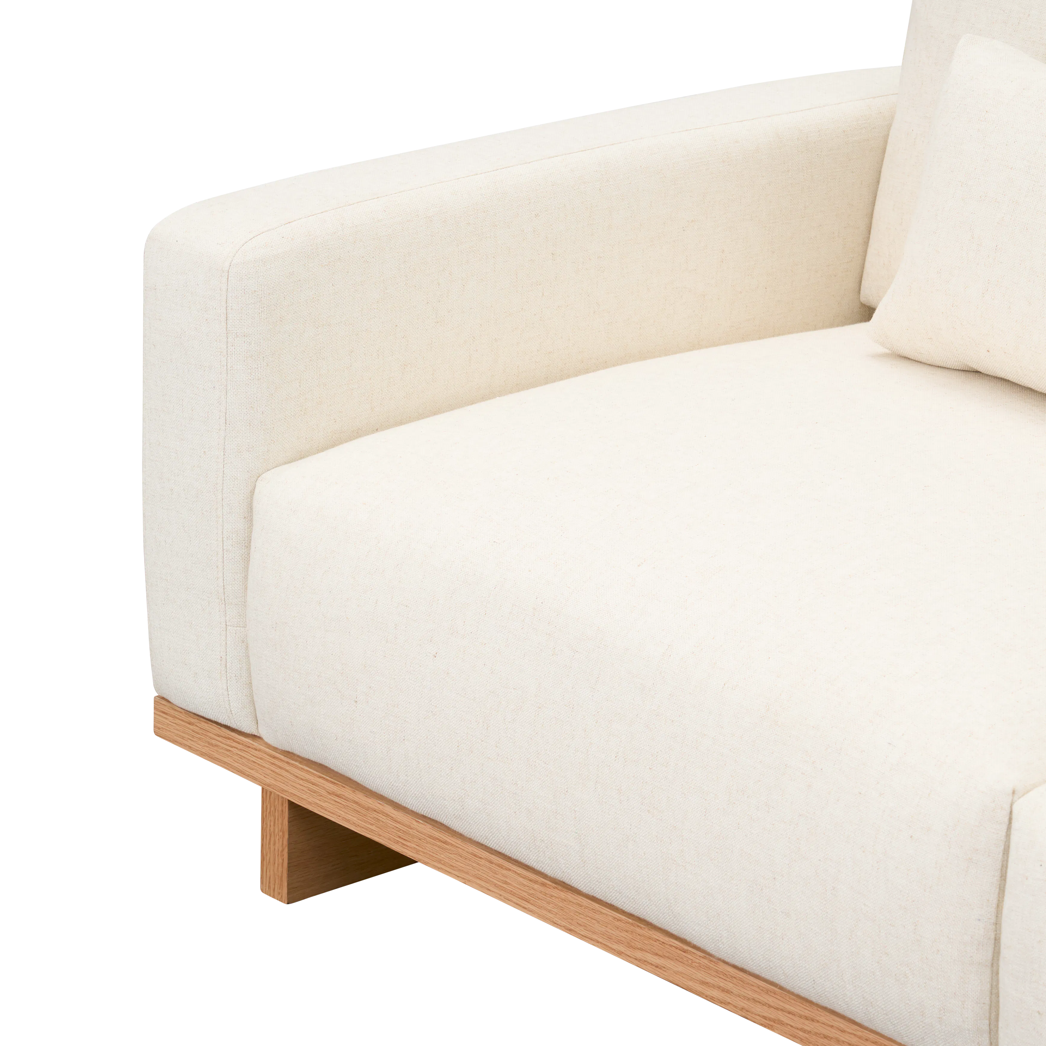Miu 3 Seater Lounge Sofa - 12 - Cream-colored sofa, wooden frame, textured fabric, minimalist design, soft lighting, natural