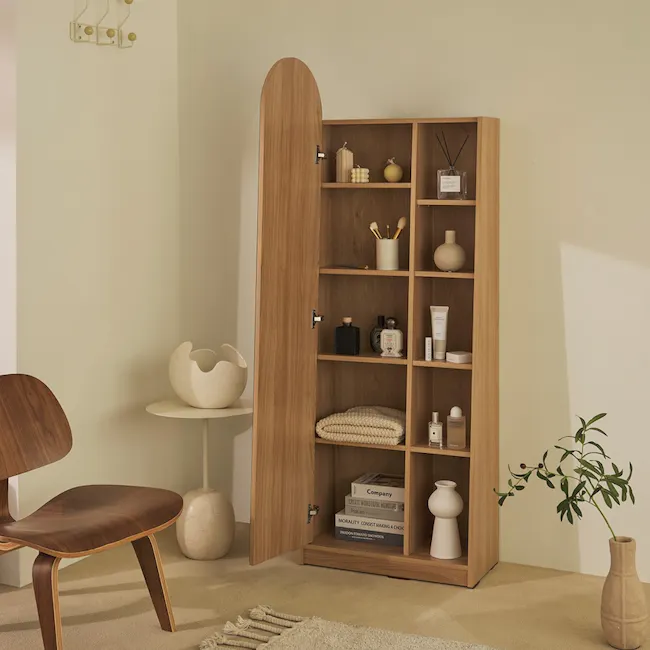 Chelsea Arched Mirror Cabinet with Side Shelf - Maple - 2 - Wooden shelving unit, minimalist design, light beige wall, soft