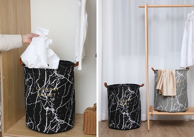 Marble Laundry Basket With Leather Handle - Black - 2
