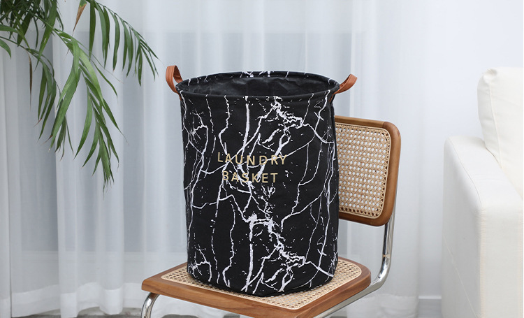 Marble Laundry Basket With Leather Handle Black, Laundry Baskets by HipVan HipVan