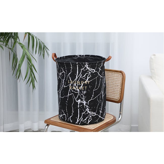 Marble Laundry Basket With Leather Handle - Black - 4