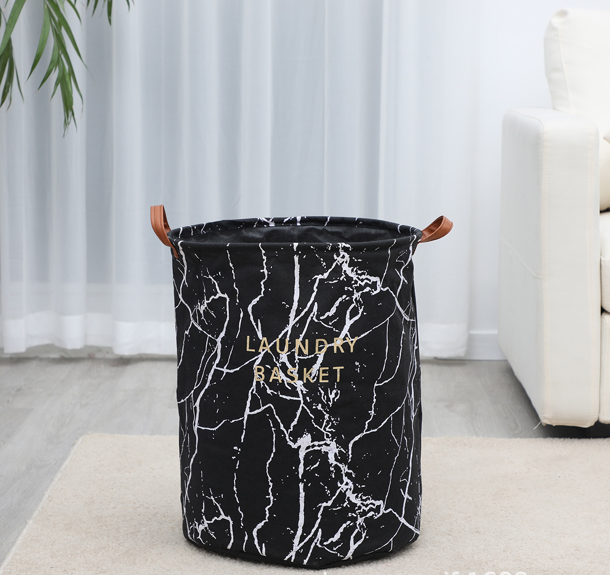 Marble Laundry Basket With Leather Handle Black, Laundry Baskets by HipVan HipVan