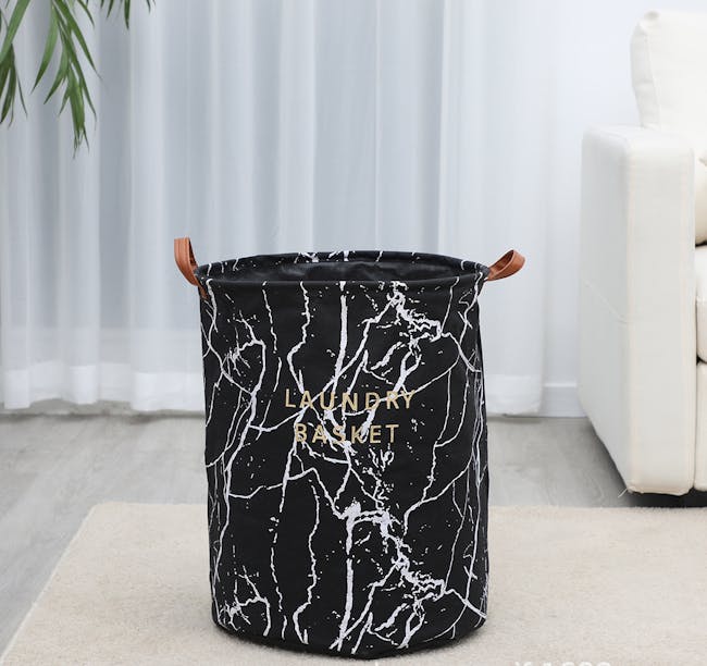 Marble Laundry Basket With Leather Handle - Black - 6