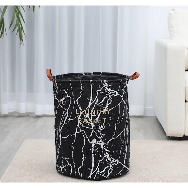 Marble Laundry Basket With Leather Handle - Black - 6
