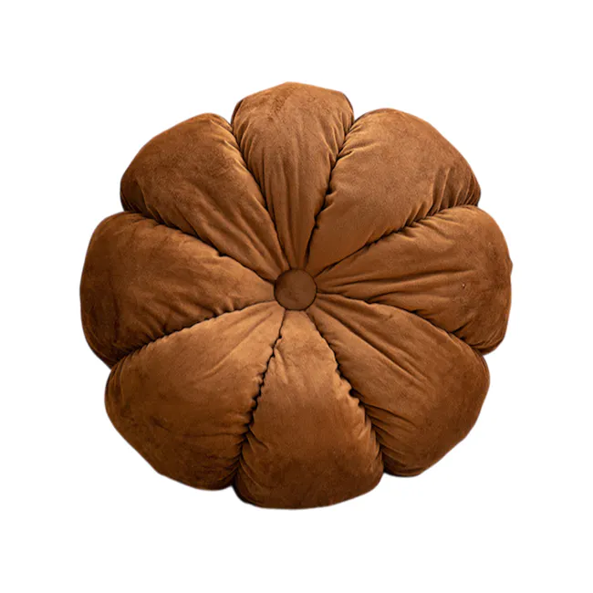 Velvet Petal Round Cushion - Brown - 1 - Soft, plush, brown cushion with a flower-like design, Three-dimensional, round