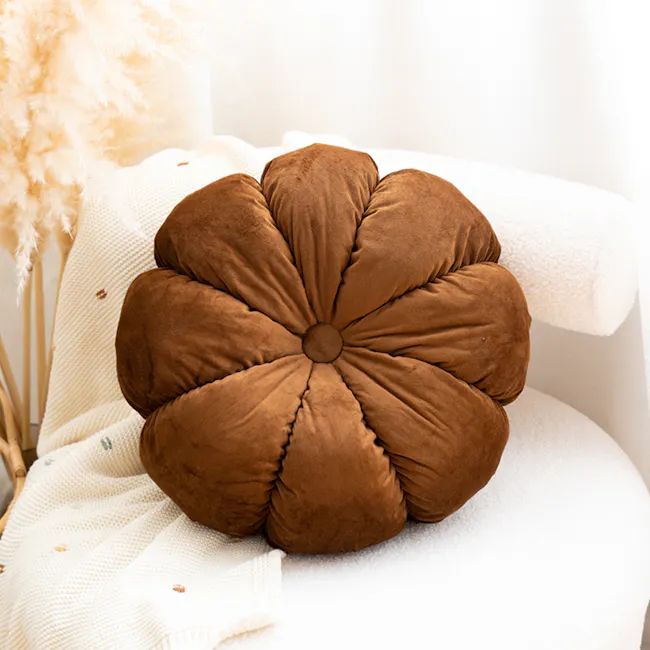Velvet Petal Round Cushion - Brown - 4 - Cream-colored plush cushion, brown fabric, round shape, cozy seating, soft texture