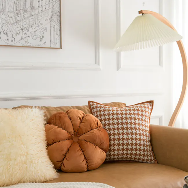 Velvet Petal Round Cushion - Brown - 5 - Cream, fluffy, beige, plush, cozy, modern, comfortable, warm, inviting, soft