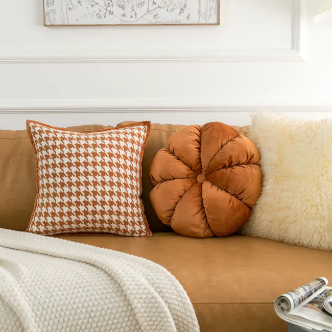 Velvet Petal Round Cushion - Brown - 6 - Cream, brown, houndstooth, geometric, patterned, cozy, plush, soft, warm, inviting