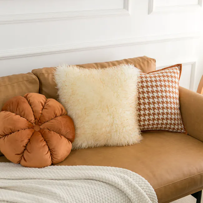 Velvet Petal Round Cushion - Brown - 7 - Cream, white, houndstooth, geometric, patterned, cozy, plush, soft, textured, warm