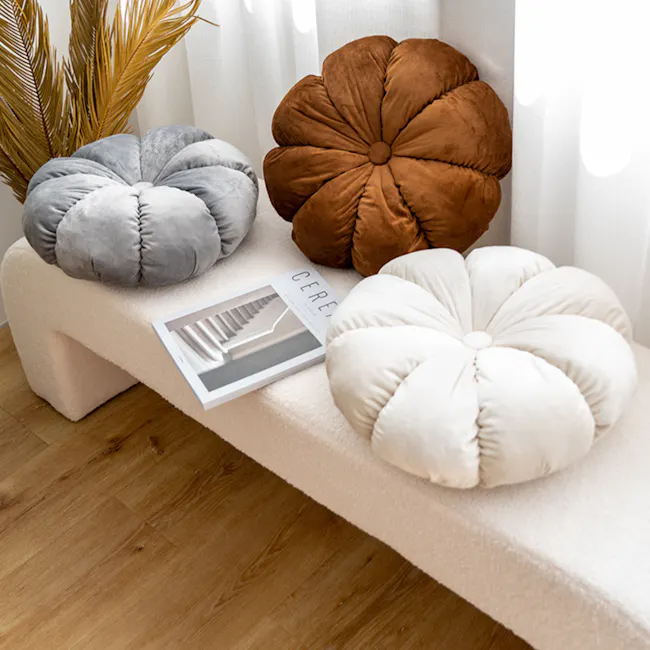 Velvet Petal Round Cushion - Brown - 2 - Cream, gray, brown, plush, cushioned, modern, cozy, comfortable, soft, decorative