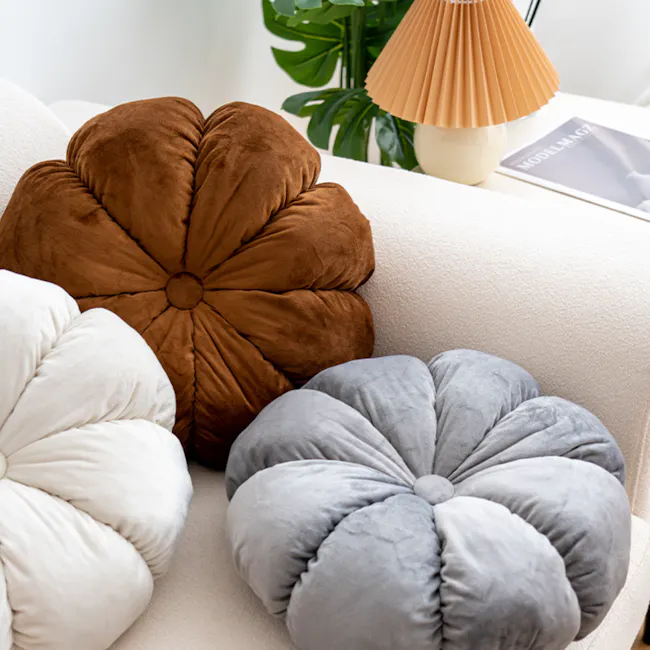 Velvet Petal Round Cushion - Brown - 3 - Cream, gray, brown, cushioned, plush, soft, cozy, comfortable, modern, stylish