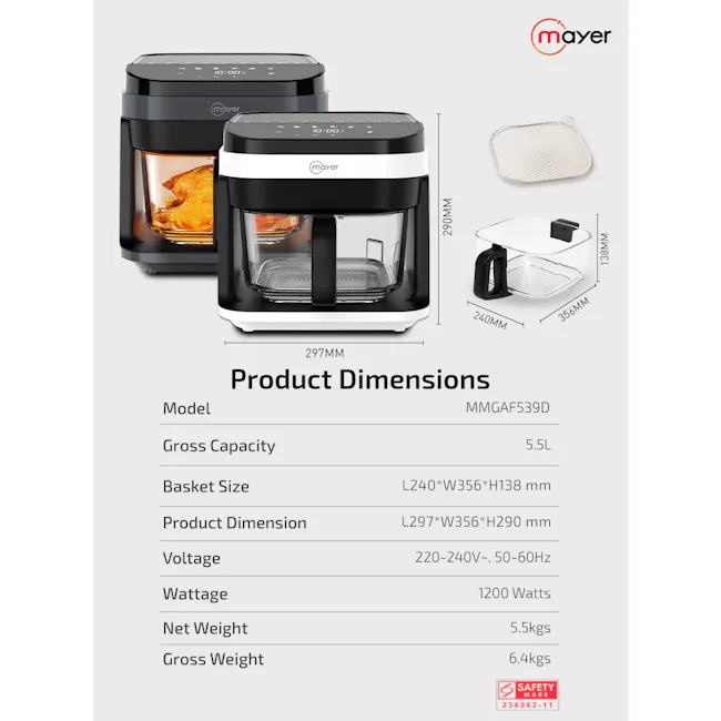 Mayer 5.5L Digital Glass Air Fryer MMGAF539D-WE (White) - 10