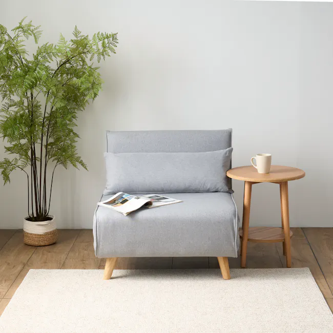 Noel Sofa Bed - Harbour Grey - 5 - Light gray sofa, light gray cushions, wooden legs, light beige rug, wooden floor, woven