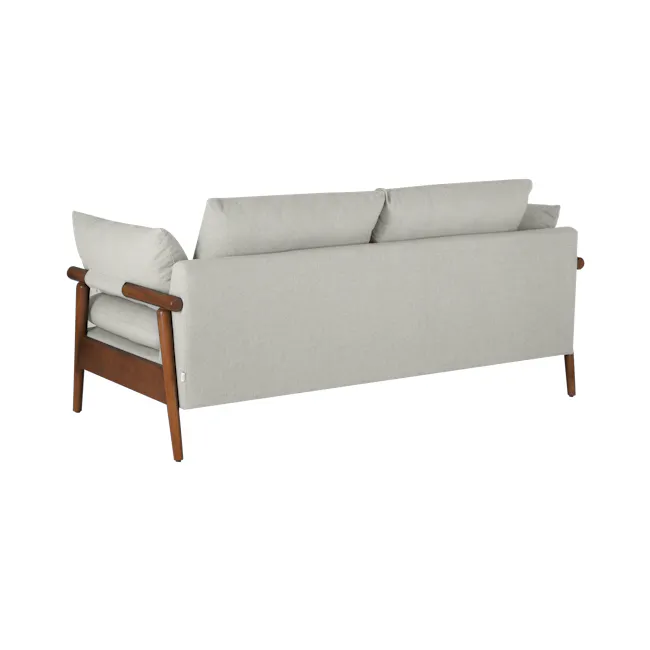 Astrid 2 Seater Sofa - Walnut, Ivory - 7 - Light gray upholstered sofa, wooden armrests, minimalist design, comfortable