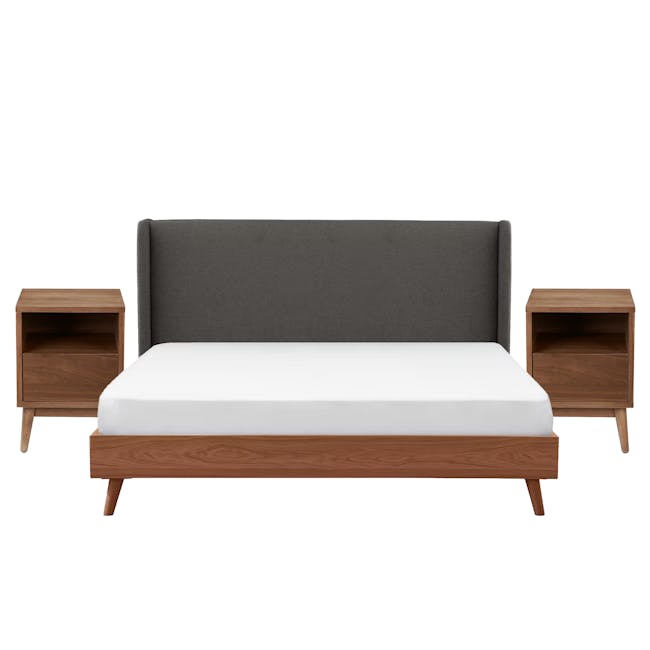 Elias Queen Bed in Walnut with 2 Kyoto Bottom Drawer Bedside Tables in Walnut - 0