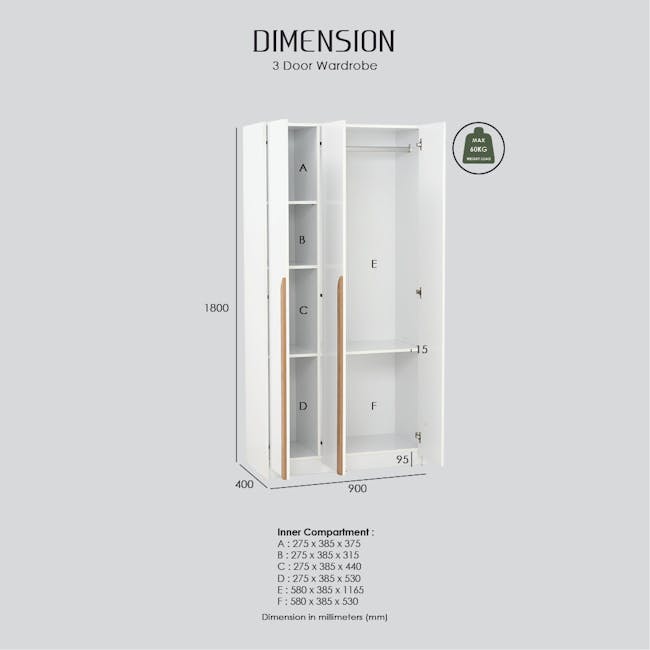 Miah 3 Door Wardrobe with Open Shelves - White - 17 - 3 Door Wardrobe, Dimension 1800mm x 900mm, Inner Compartment