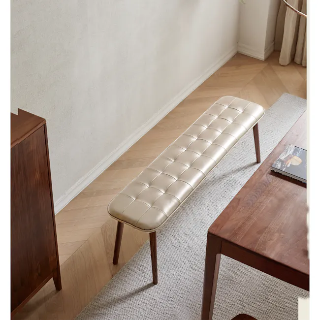 Soren Bench 1.4m - Off White (Genuine Cowhide Leather) - 6 - Cream upholstered bench, wooden side table, light hardwood