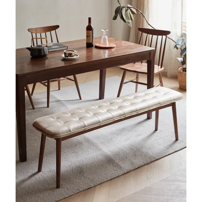 Soren Bench 1.4m - Off White (Genuine Cowhide Leather) - 2 - Wooden dining table, beige upholstered bench, wooden chairs