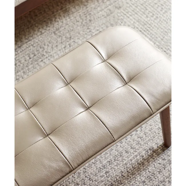 Soren Bench 1.4m - Off White (Genuine Cowhide Leather) - 5 - Leather cushion, beige upholstery, quilted design, smooth