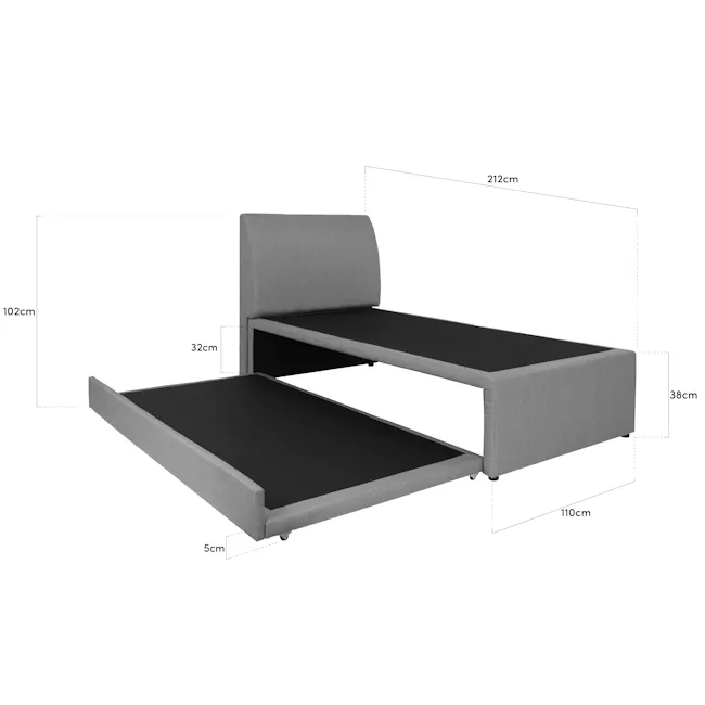 ESSENTIALS Super Single Trundle Bed - Smoke (Fabric) - 6 - Modern sofa with adjustable height, gray upholstered frame, split