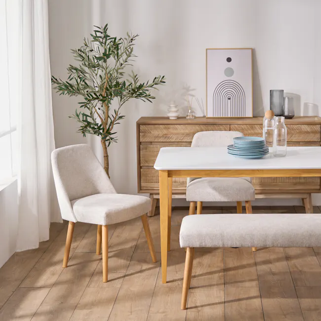 Charmant Dining Table 1.4m - Natural, White - 8 - Light beige upholstered chairs, wooden legs, light wooden floor, natural