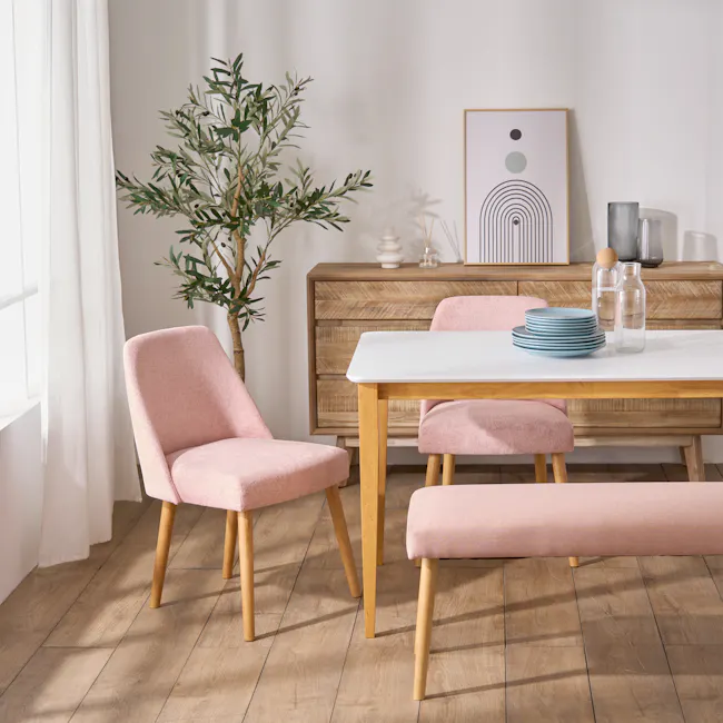 Charmant Dining Table 1.4m - Natural, White - 4 - Pink upholstered chairs, wooden legs, light wooden floor, white table