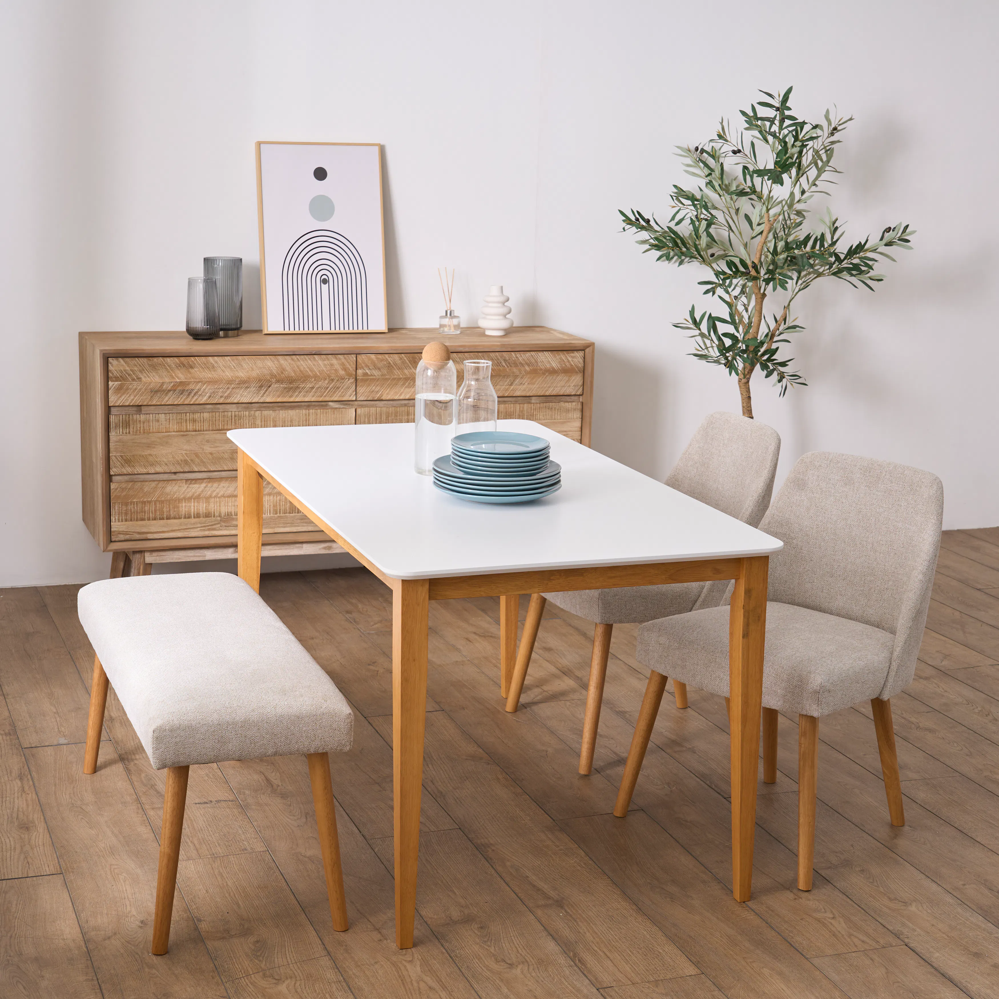 Charmant Dining Table 1.4m with 4 Macy Dining Chairs in Natural, White - 9