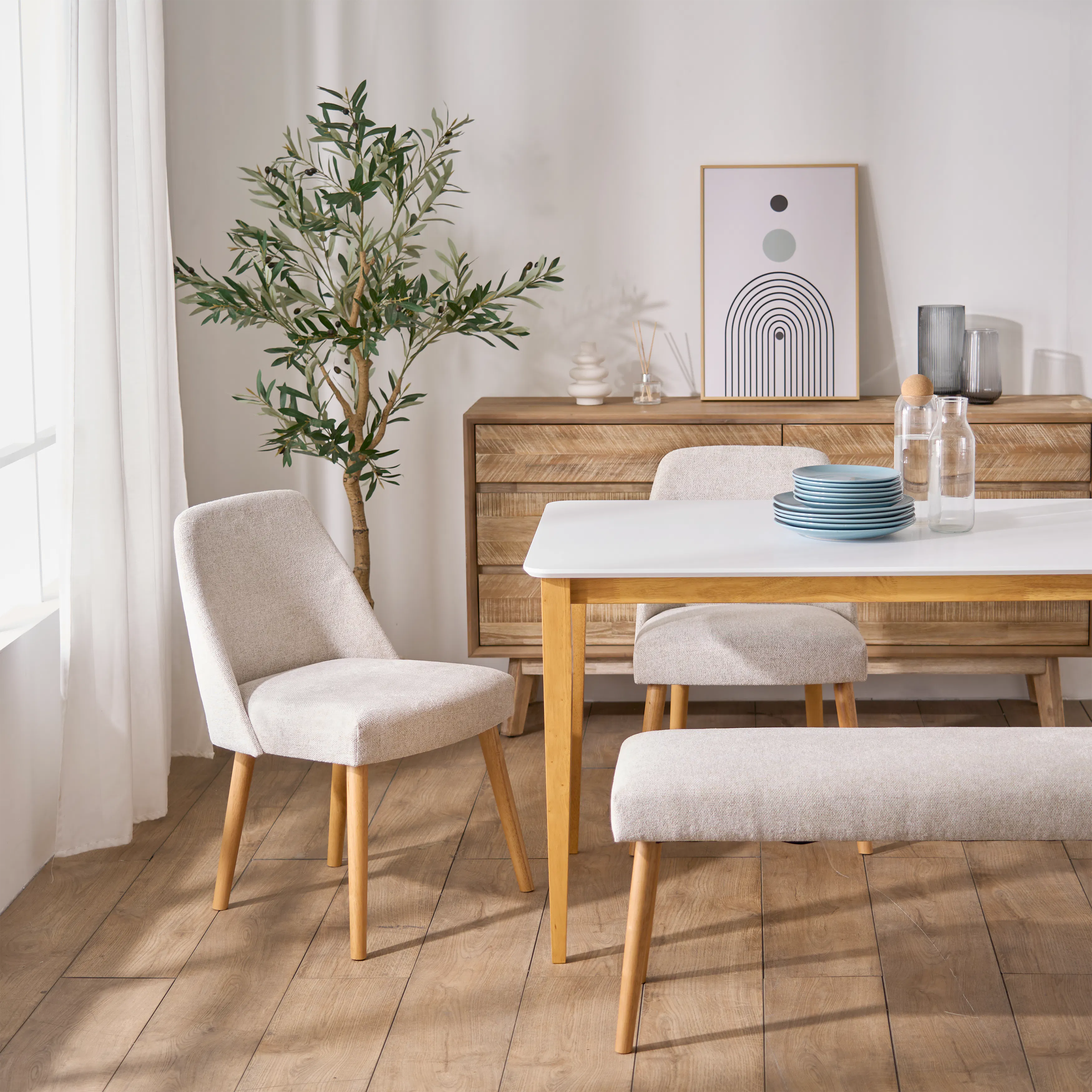 Charmant Dining Table 1.4m with 4 Macy Dining Chairs in Natural, White - 10