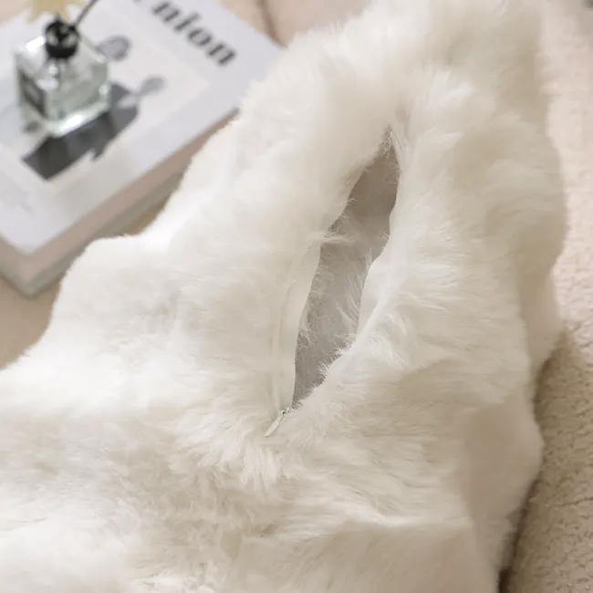 Luxe Faux Fur Cushion Cover - White - 4 - White fluffy garment, soft fabric, luxurious texture, cozy sweater, elegant