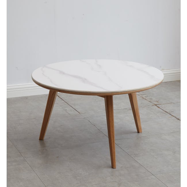 Jerry Round Coffee Table 0.8m (Sintered Stone) - 7 - Modern minimalist table, white marble top, wooden legs, light gray