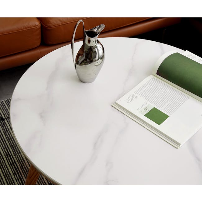 Jerry Round Coffee Table 0.8m (Sintered Stone) - 3 - Modern minimalist living room, brown leather sofa, white marble coffee