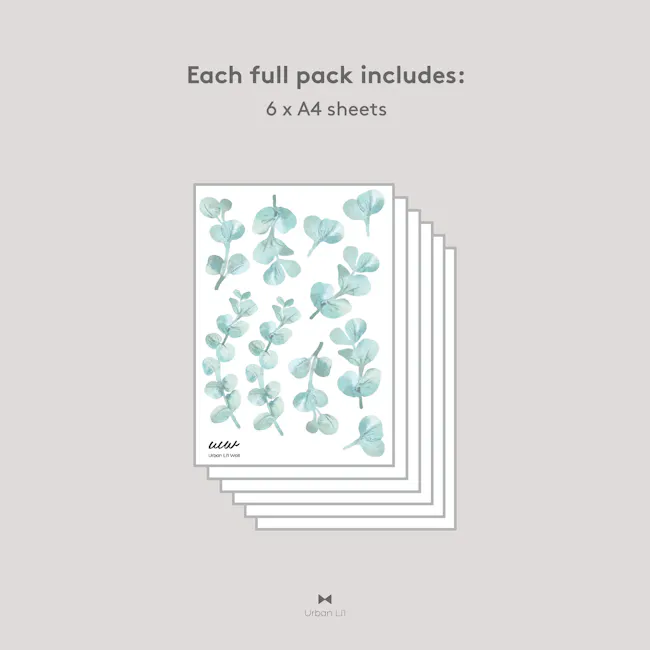 Urban Li'l Eucalyptus Fabric Decal - 5 - Full pack of 6 A4 sheets, Elegant leaf design, Minimalist art style