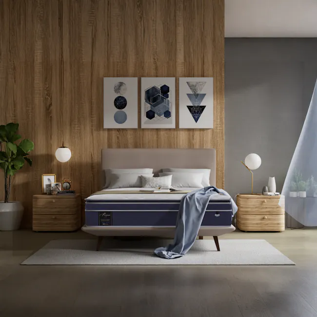 MaxCoil RENEW 35.5cm Mattress - Medium Soft (4 Sizes) *HipVan Exclusive!* - 15 - Wooden wall, modern bedroom, blue and white