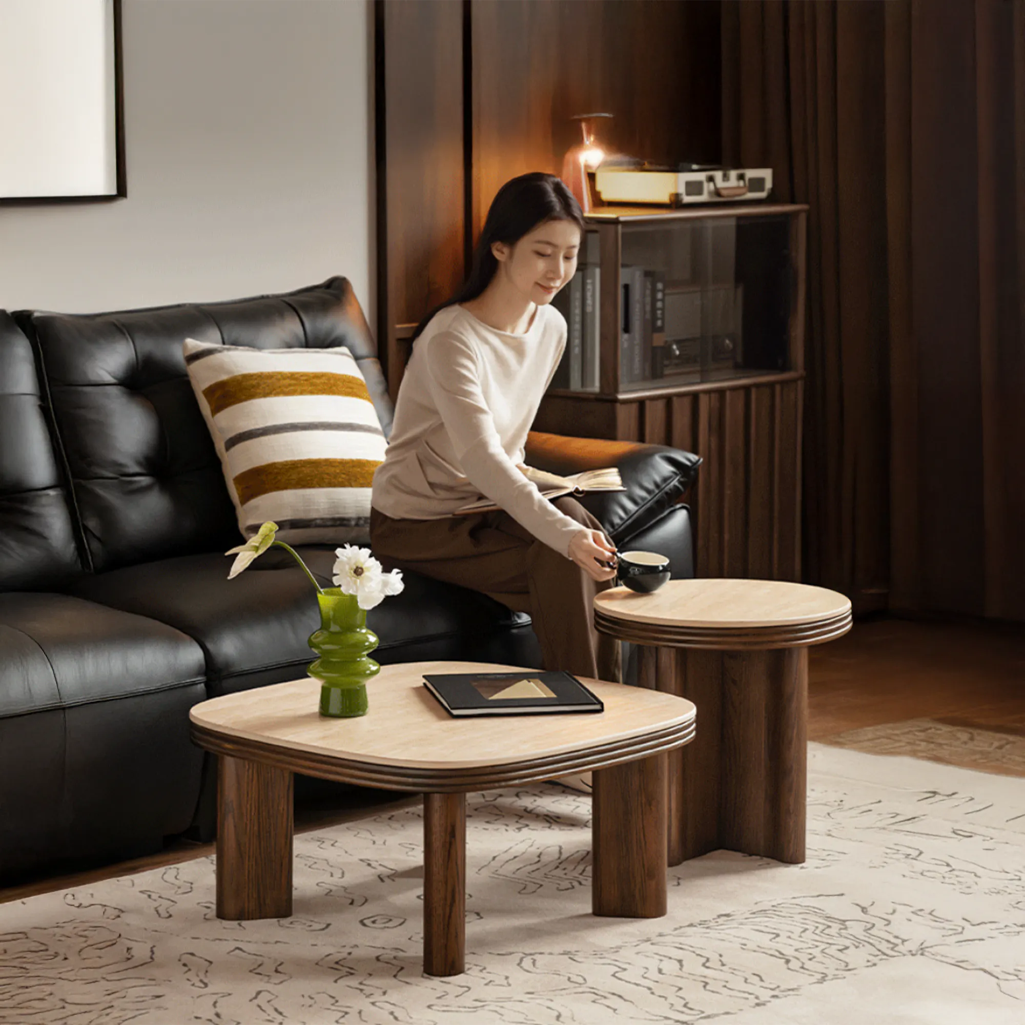 Reign Round Side Table 0.45m - Walnut, Travertine (Sintered Stone) - 9