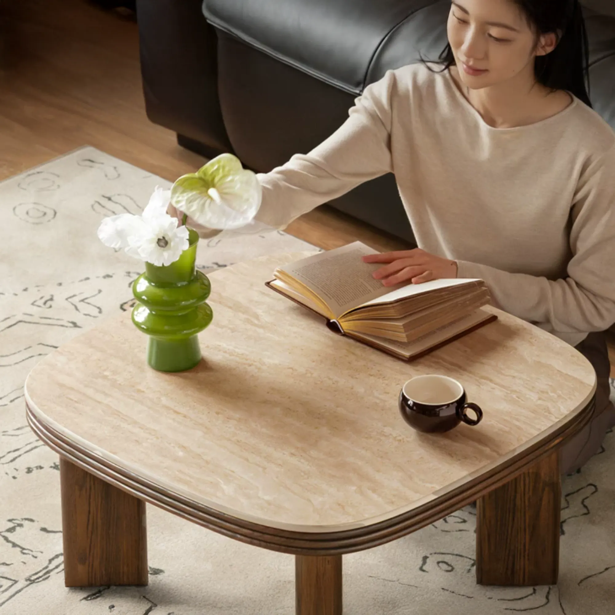 Reign Round Side Table 0.45m - Walnut, Travertine (Sintered Stone) - 12