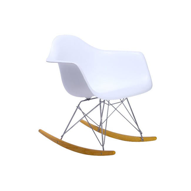 Klaus Rocking Chair - White - 1 - Modern white chair with sleek design, metallic frame, wooden slats, ergonomic shape