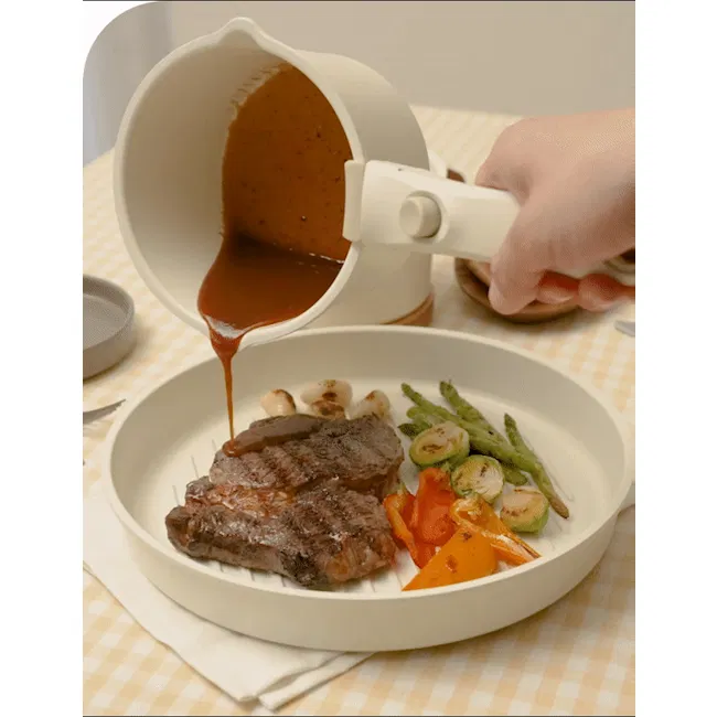 Sodam Nonstick Mini Pot 14cm - 5 - Grilled steak, sauce, plate, vegetables, fork, tablecloth, hand, white bowl, sauce