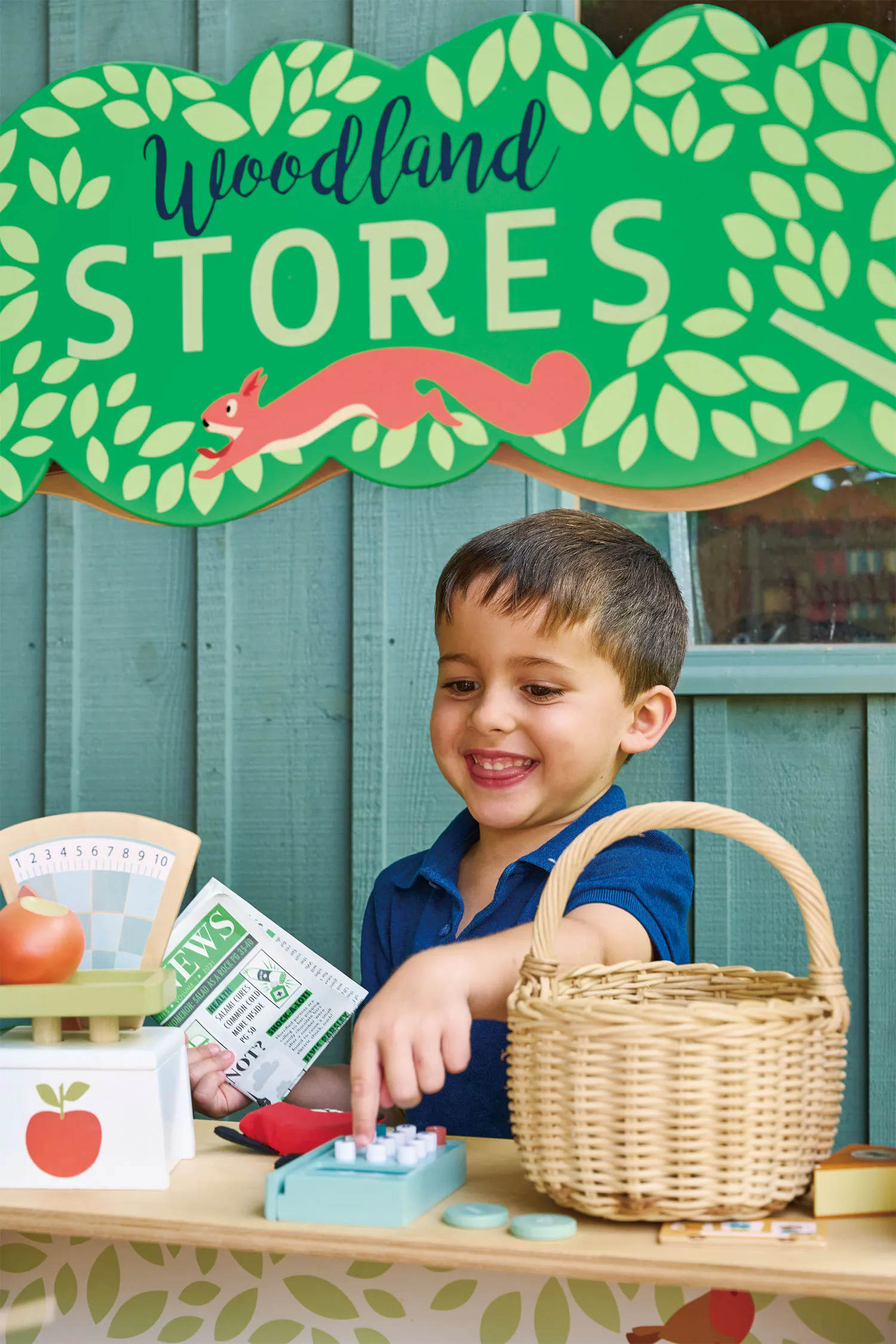 Tender Leaf Toy Kitchen - Woodland Stores and Theatre - 10 - Woodland Stores, vibrant green sign, playful squirrel