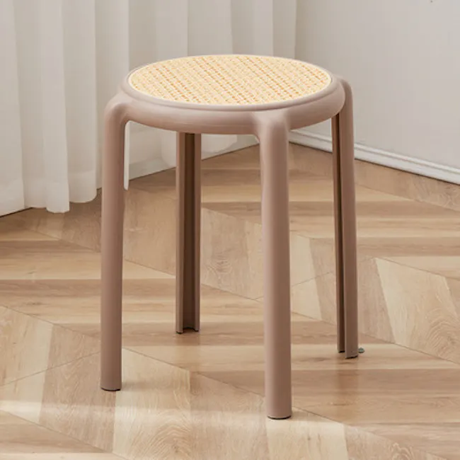 Alaska Stackable Stool - Taupe - 2 - Modern minimalist stool with woven seat, sleek metal legs, light wooden floor