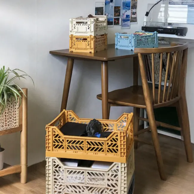 Aykasa Foldable Midibox - Mustard - 2 - Wooden table, colorful crates, indoor setting, small bird cage, indoor plants