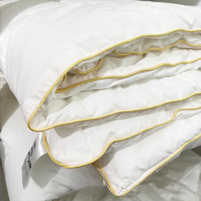 (Super Single) LUXE Duvet - 5 - White pillow with yellow trim, neatly folded, soft texture, plush comforter, pillowcase