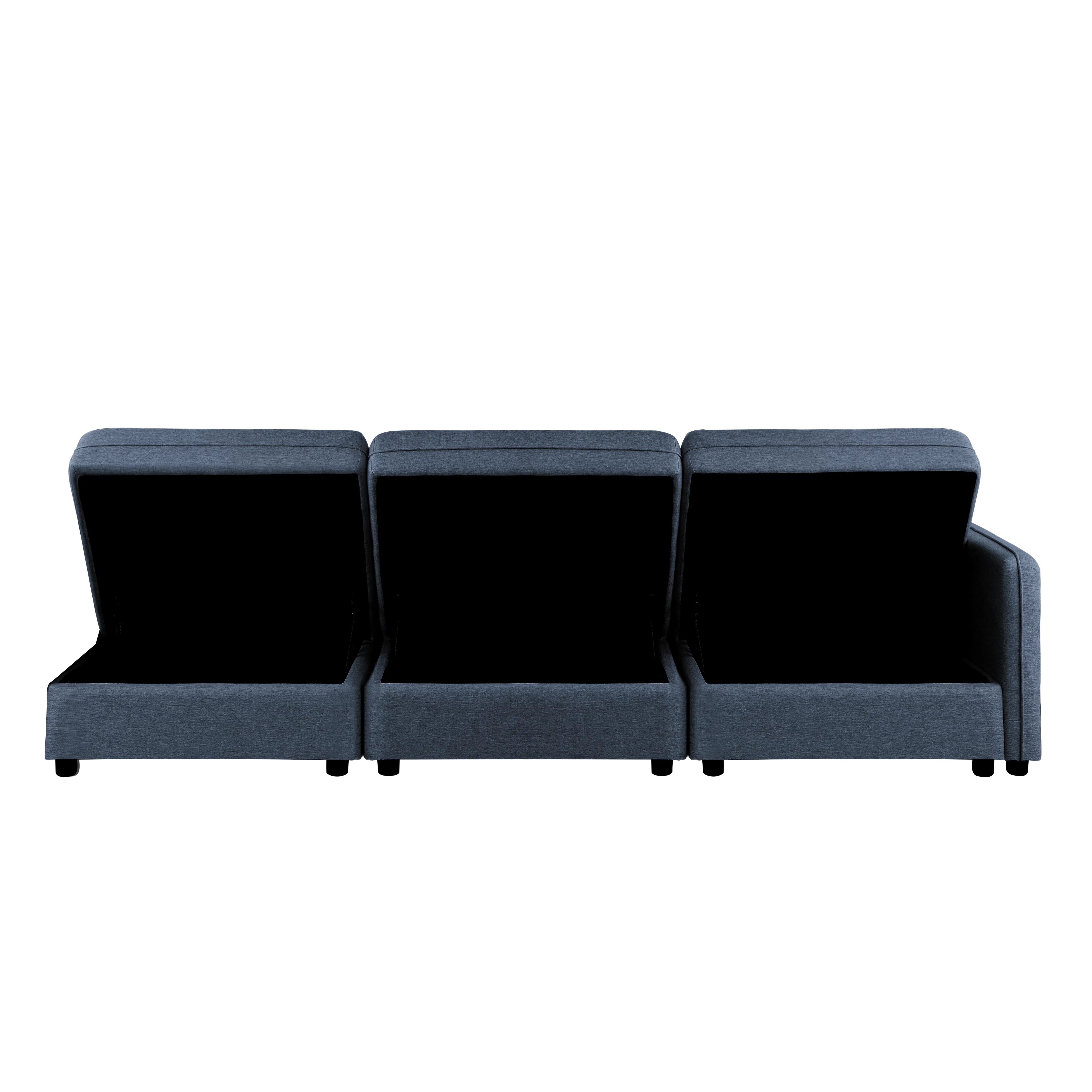 Cameron Storage Armless Unit - Denim (Fabric) - 21 - Grey upholstered seating, three-seater sofa, minimalist design, modern