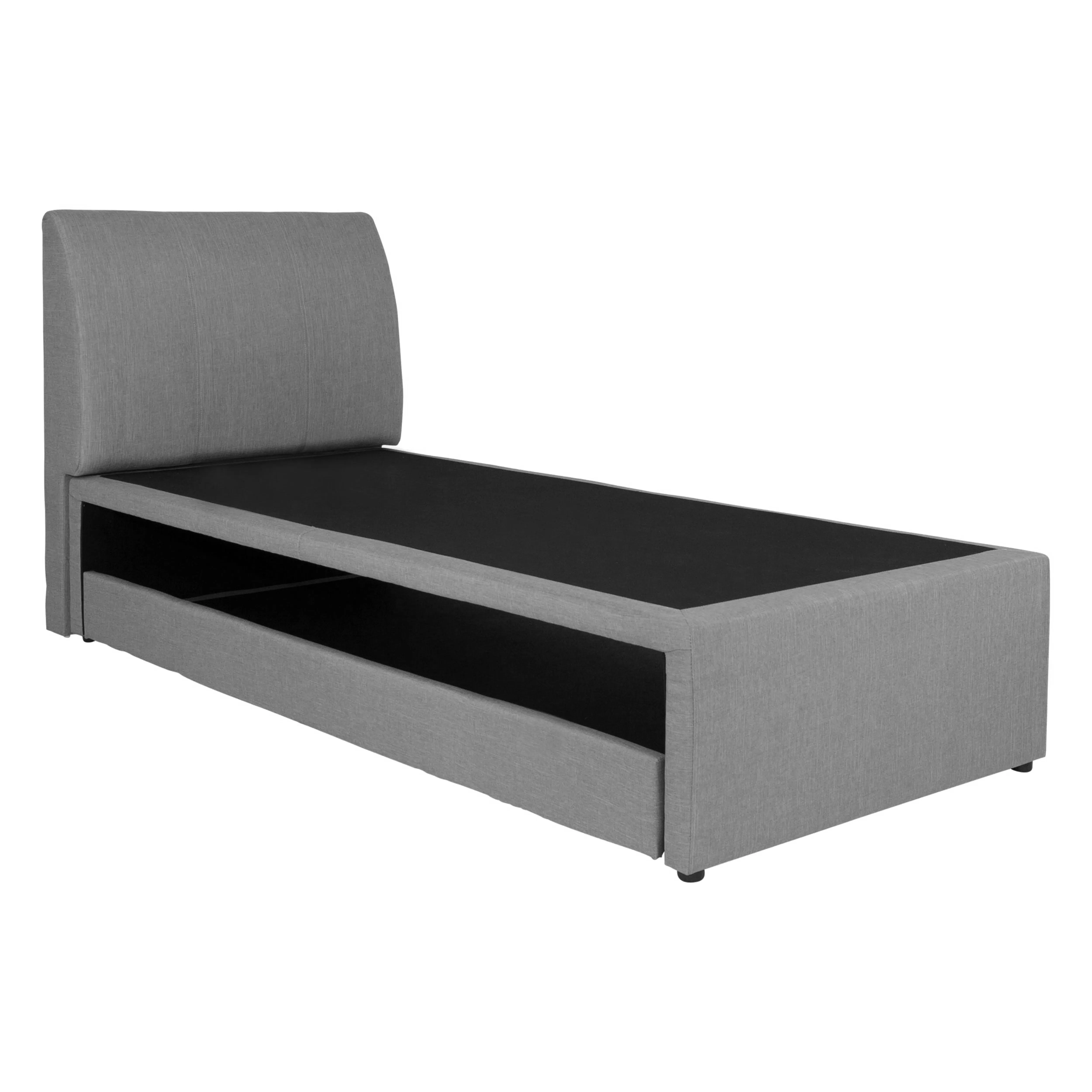 ESSENTIALS Super Single Trundle Bed - Grey (Fabric) - 10 - Grey upholstered sofa with sleek design, black accent cushions