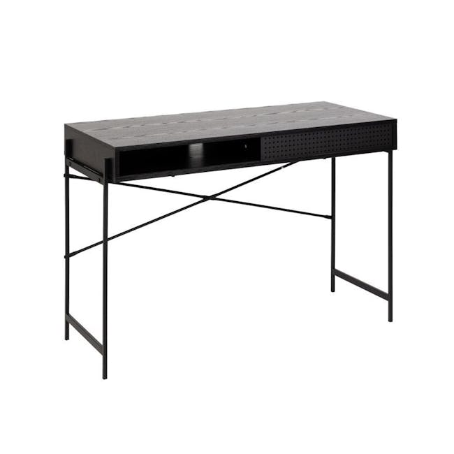 Felicity Study Desk 1.1m - 2 - Black metal table with perforated design, minimalist aesthetic, open shelving, sleek lines