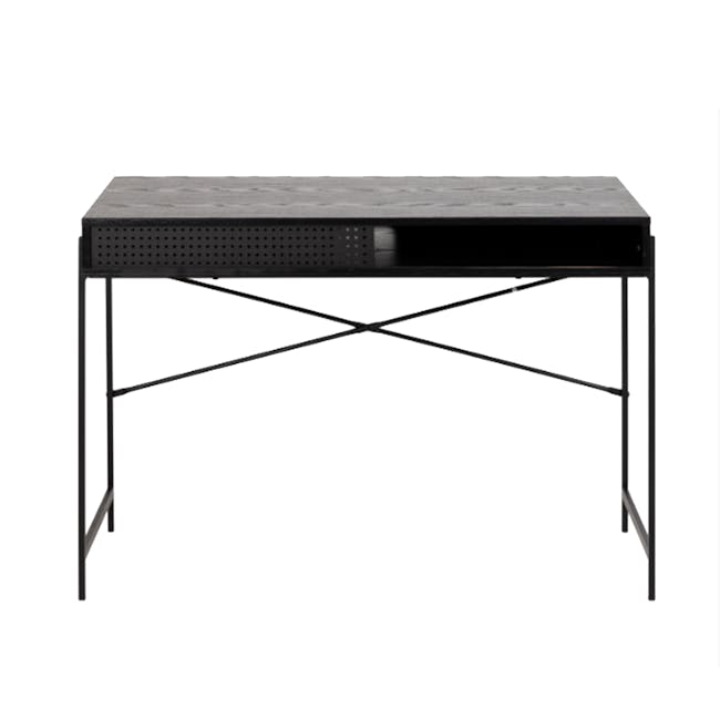 Felicity Study Desk 1.1m - 1 - Modern minimalist table with perforated top, black metal frame, X-shaped legs, textured
