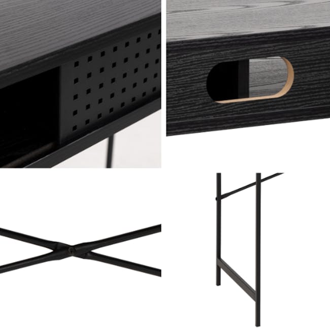 Felicity Study Desk 1.1m - 4 - Wooden table with perforated design, black metal frame, minimalist aesthetic, modern