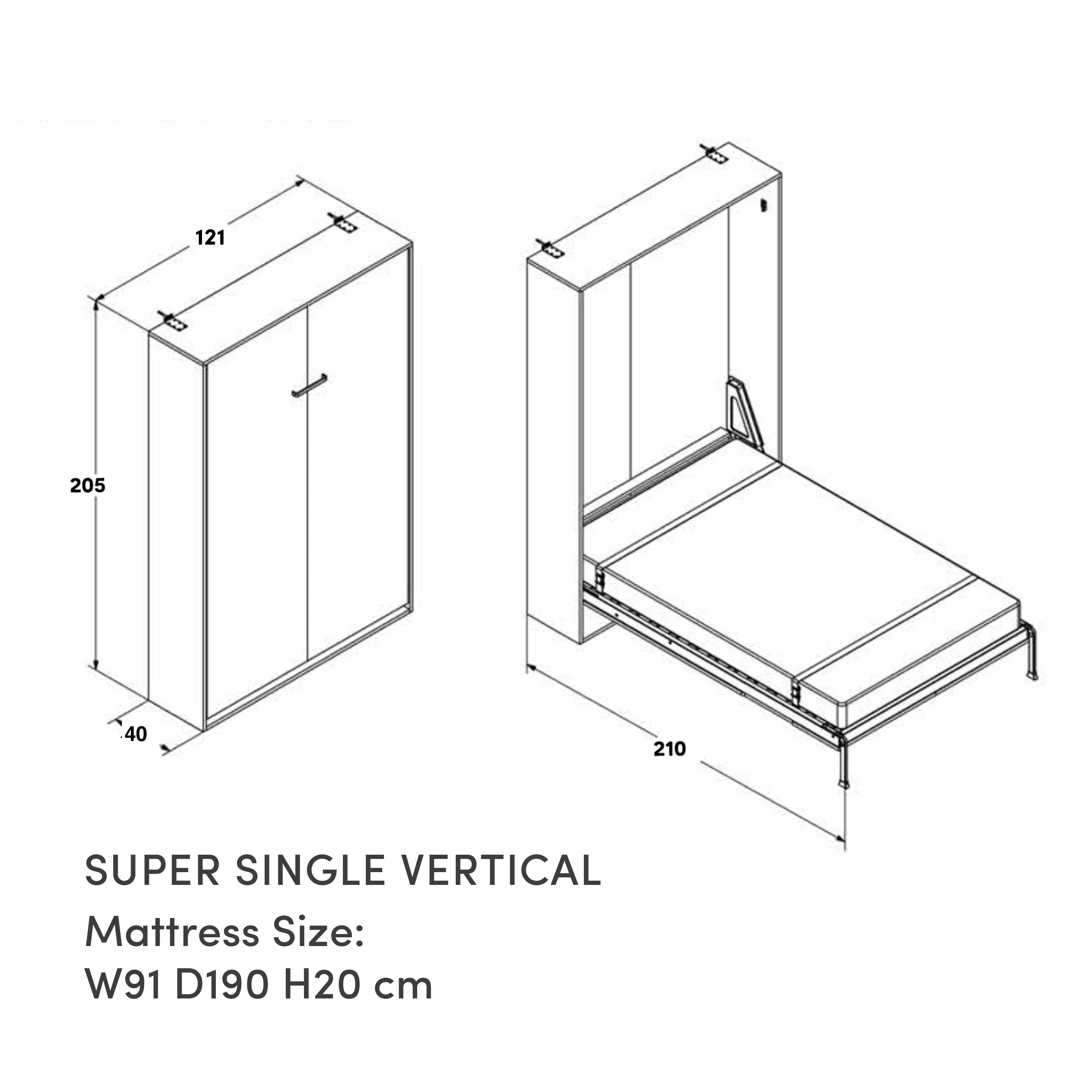 Llyod Super Single Vertical Wall Bed - White - 9 - Vertical mattress design, Single vertical mattress, 210 cm height, 121 cm