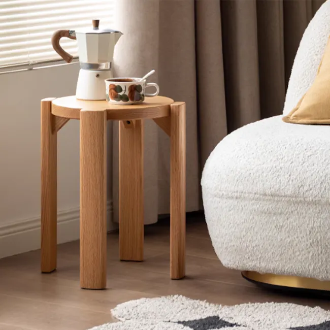 Coree Stackable Stool Set / Side Table - Oak - 7 - Wooden side table, white coffee pot, ceramic mug, soft beige throw, cozy