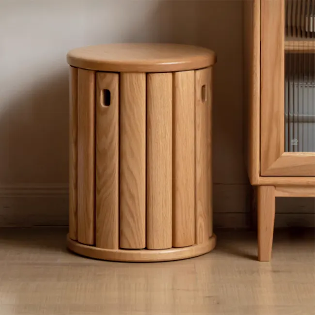 Coree Stackable Stool Set / Side Table - Oak - 9 - Round wooden stool, light wood finish, cylindrical shape, three vertical